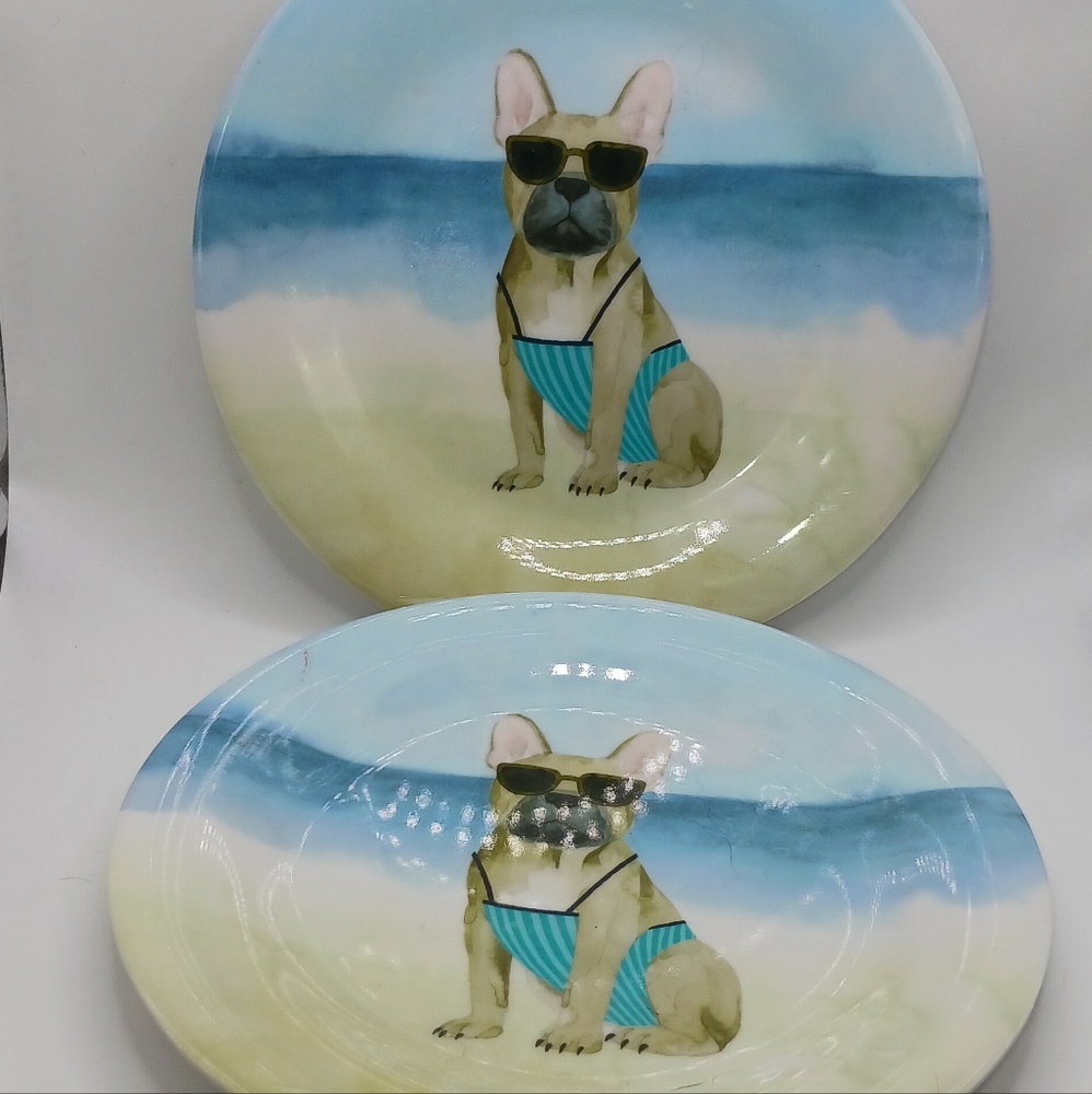 FRENCH BULL DOG w/Sunglasses, Set 2 Melamine Plates, 8", GRACE POPP DESIGN